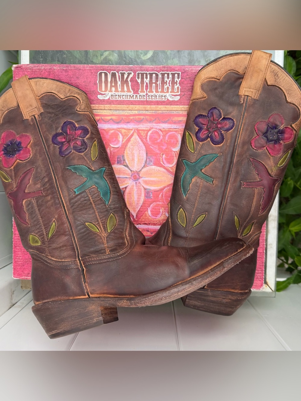 Oak Tree Farms Western Boots Bird Flower Custom Handmade Leather Teak 7.5 OOAK